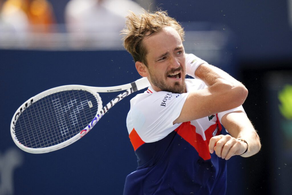 Aug 11, 2023; Toronto, Ontario, Canada; Daniil Medvedev returns a ball to Alex De Minaur (not pictured) at Sobeys Stadium. Mandatory Credit: John E. Sokolowski-USA TODAY Sports